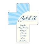 This blue godchild wall cross is an ideal new baby gift, and makes a fitting gift for any religious milestone in a childs life. Each boys cross features "godchild" printed prominently on the cross, with room for a personal message at the bottom. These unique baby gifts measure 5 1/4" by 6.875" and are made of hardwood and finished with a lovely gloss. For a personal and one-of-a-kind newborn baby gift, choose this custom blue godchild wall cross